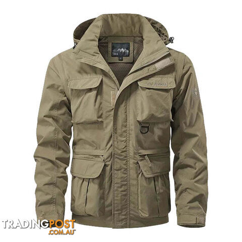Khaki / XXLZippay Detachable windproof hooded jacket men's casual waterproof multi bag cargo jacket vest