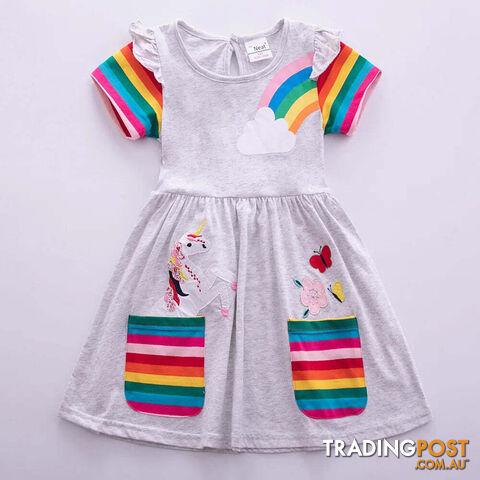 Gray / 7-8YZippay Girls Short Sleeve Unicorn Dress New Summer Embroidered Two Pockets Rainbow Sleeve