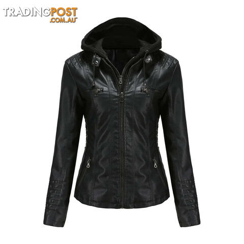 Black / LZippay Plus Size Women Hooded Leather Jacket Removable Leather Jacket