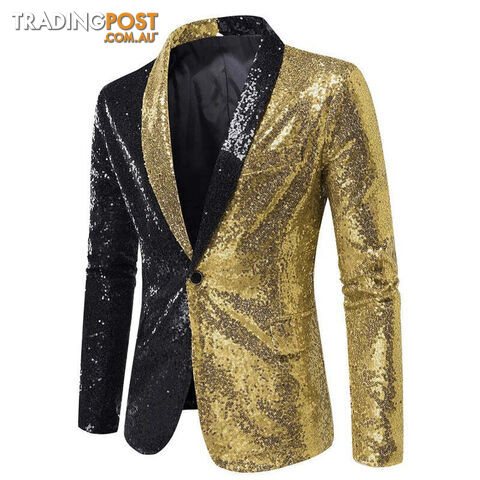 X22 Black Gold / US Size LZippay Shiny White Sequin Glitter Blazer for Men One Button Peak Collar Tuxedo Jacket Mens Wedding Groom Party Prom Stage