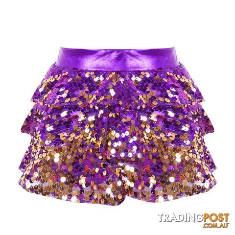Purple / 14Zippay Kids Girls Shiny Sequins Tiered Ruffle Skirted Shorts Metallic Culottes for Latin Jazz Modern Dancing Stage Performance Costume