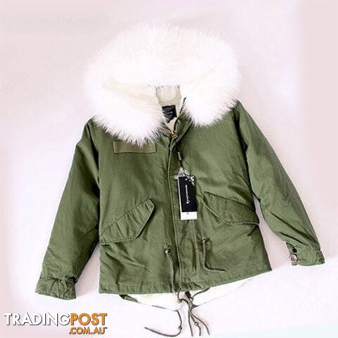 Greenparka white fur / XLZippay Women Winter Army Green Jacket Coats Thick Parkas Plus Size Real Fur Collar Hooded Outwear