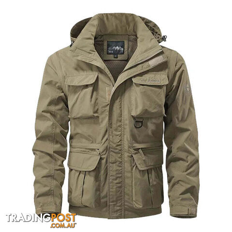 Khaki / XXXLZippay Detachable windproof hooded jacket men's casual waterproof multi bag cargo jacket vest