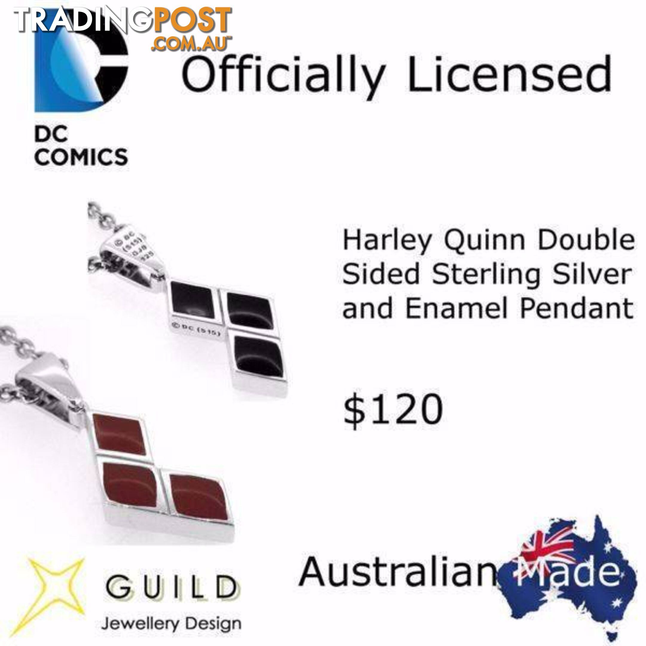 Harley Quinn Double sided Sterling Silver and Enamel Pendant