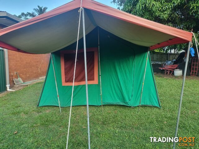 12 Man 2 Room Canvas , Steel Framed Family Tent with Front and Side Awning