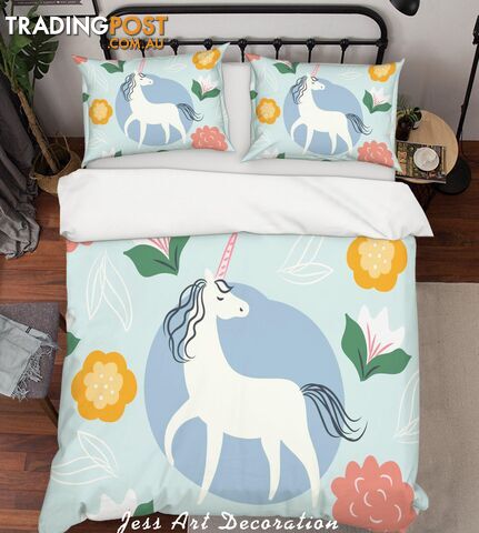 3D Blue Unicorn Floral Quilt Cover Set Bedding Set Pillowcases 22-King - Jess Art Decoration - JAD-JADK27024