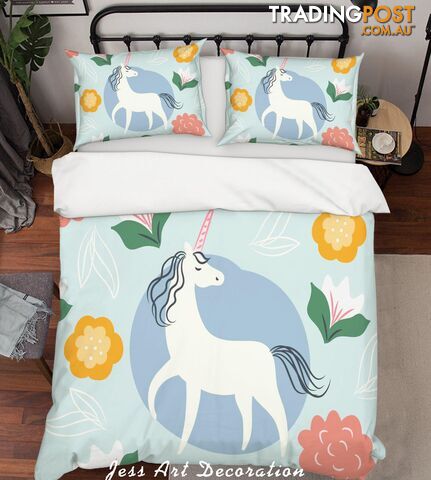 3D Blue Unicorn Floral Quilt Cover Set Bedding Set Pillowcases 22-Queen - Jess Art Decoration - JAD-JADK27023