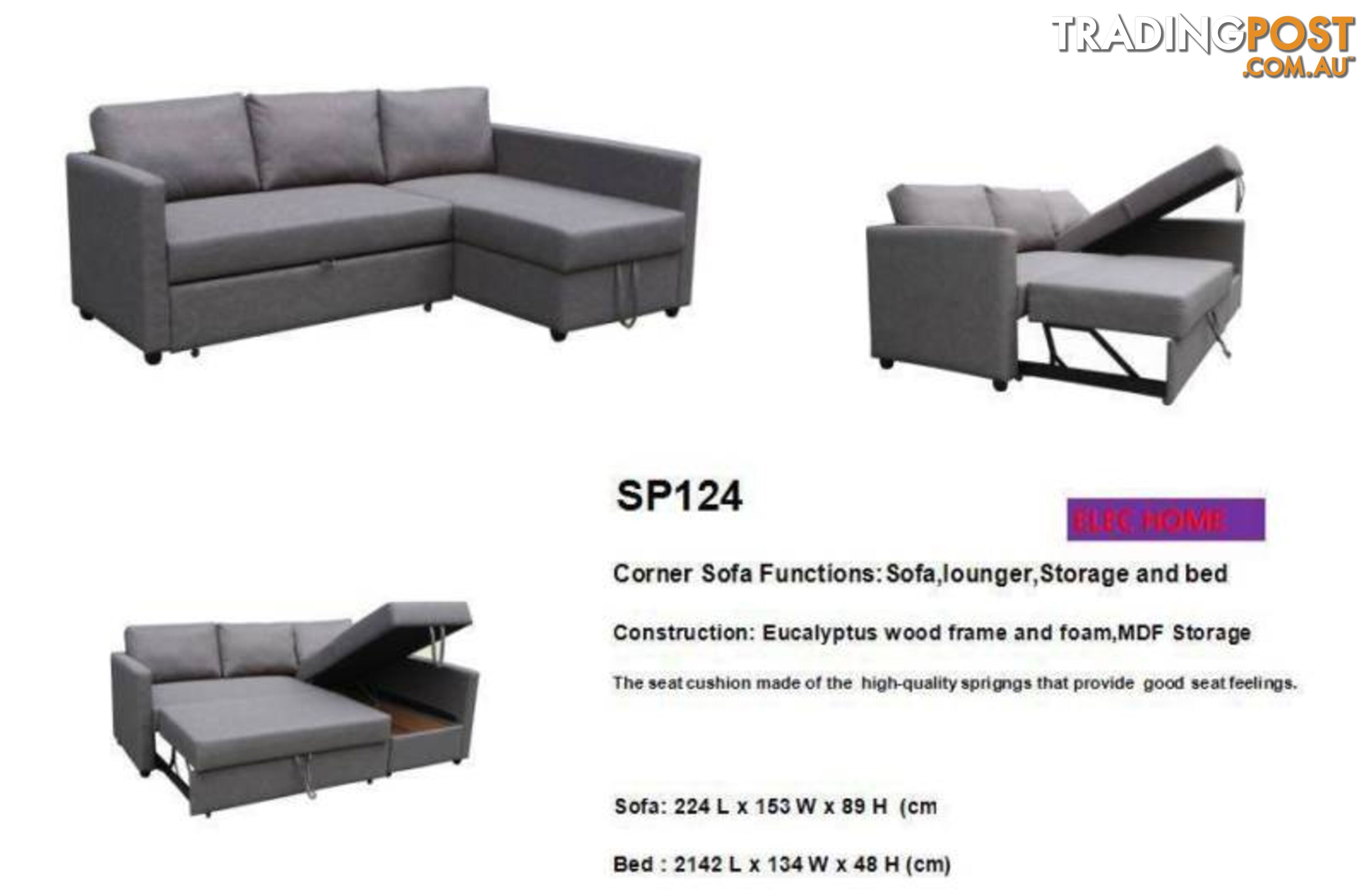 Brand New Grey Fabric L Shape Storage Sofa Bed Couch Loung(SP124)