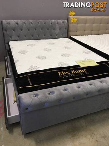 Grey Brand New Luxury 2 Drawers Fabric Euro Style Bed all size