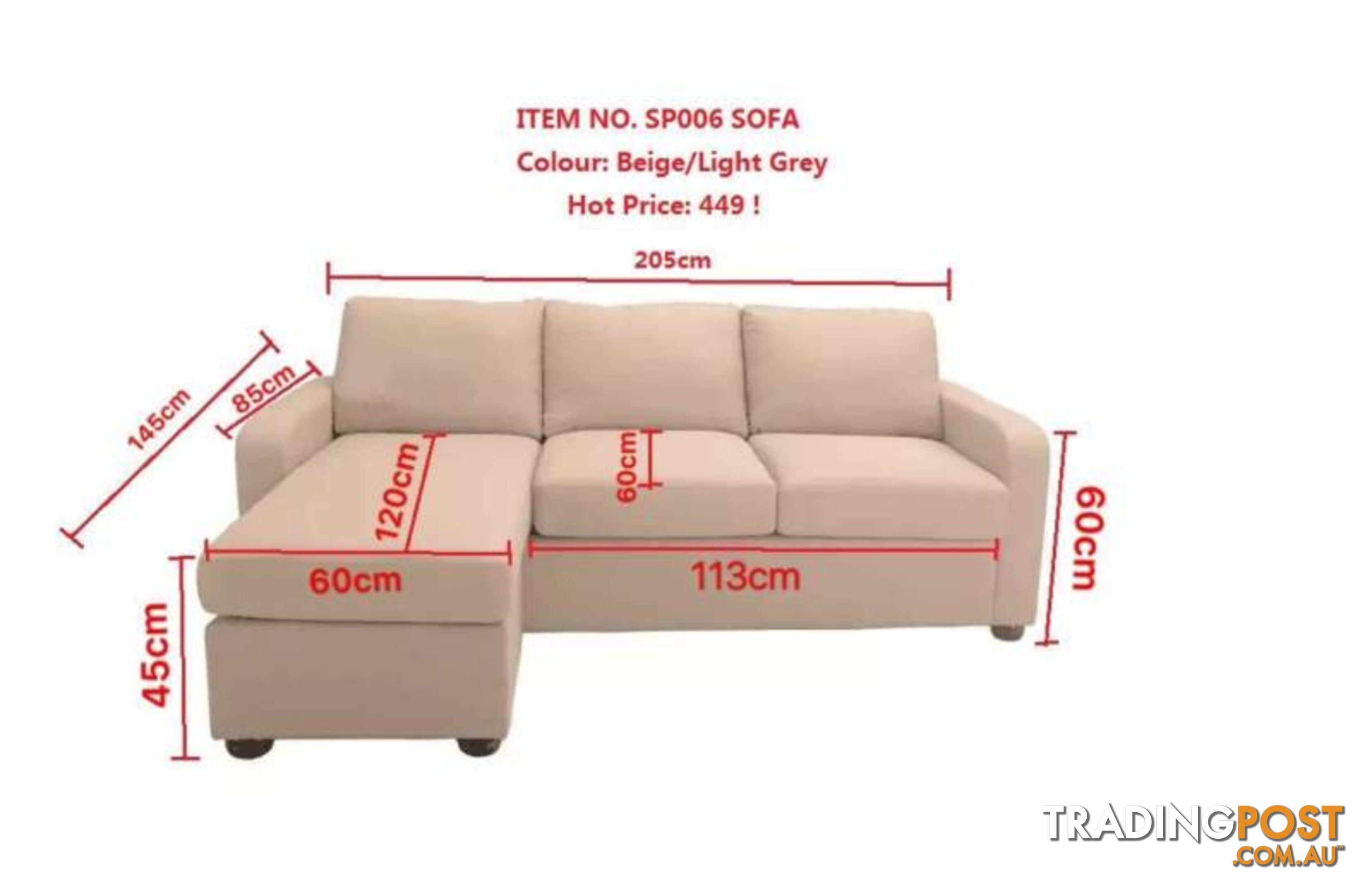 Brand New Fabric Sofa with chaise/ottoman Beige/Grey colour