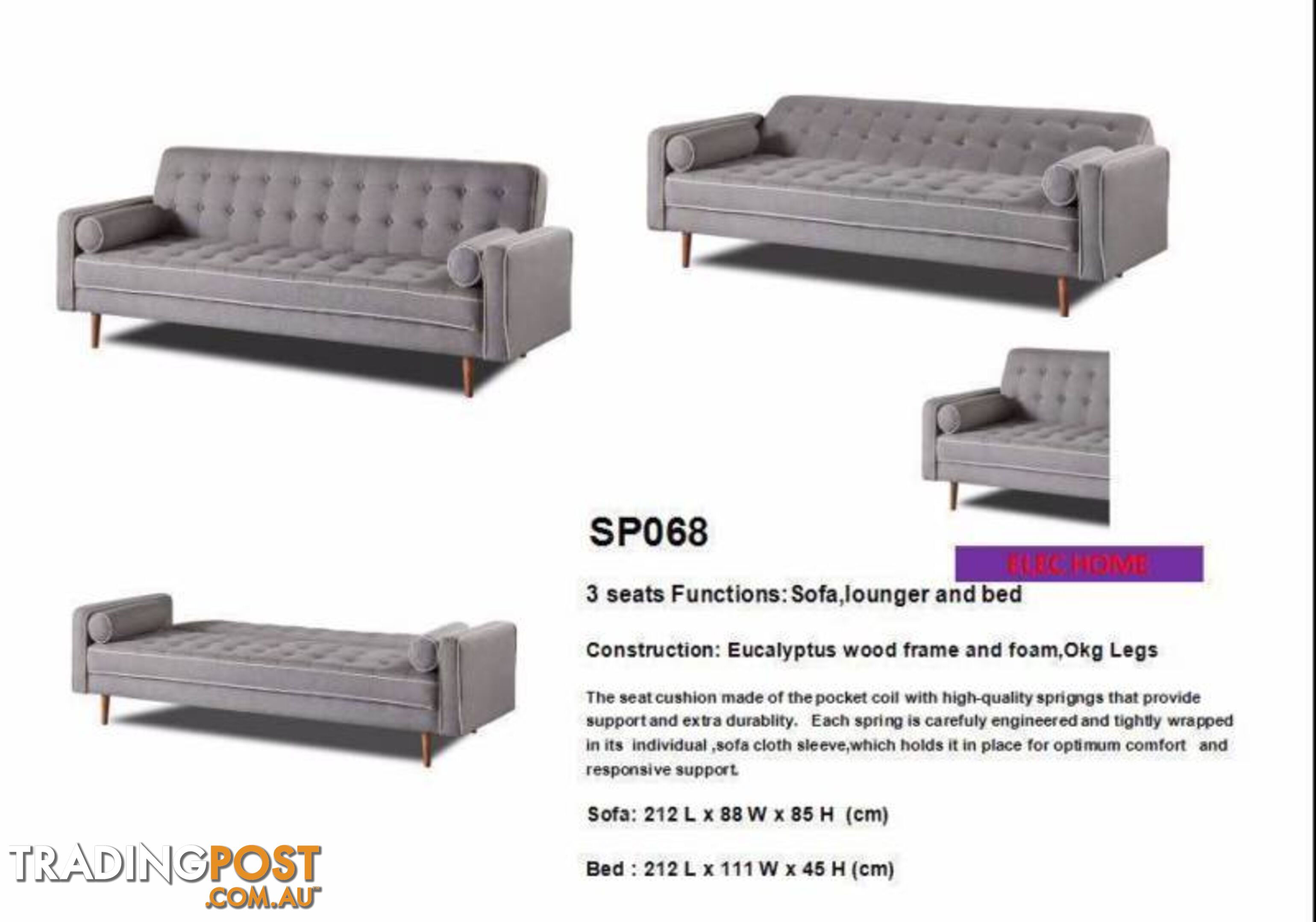 Brand New 3 Seater Grey Fabric Sofa Bed Couch Loung (SP068)