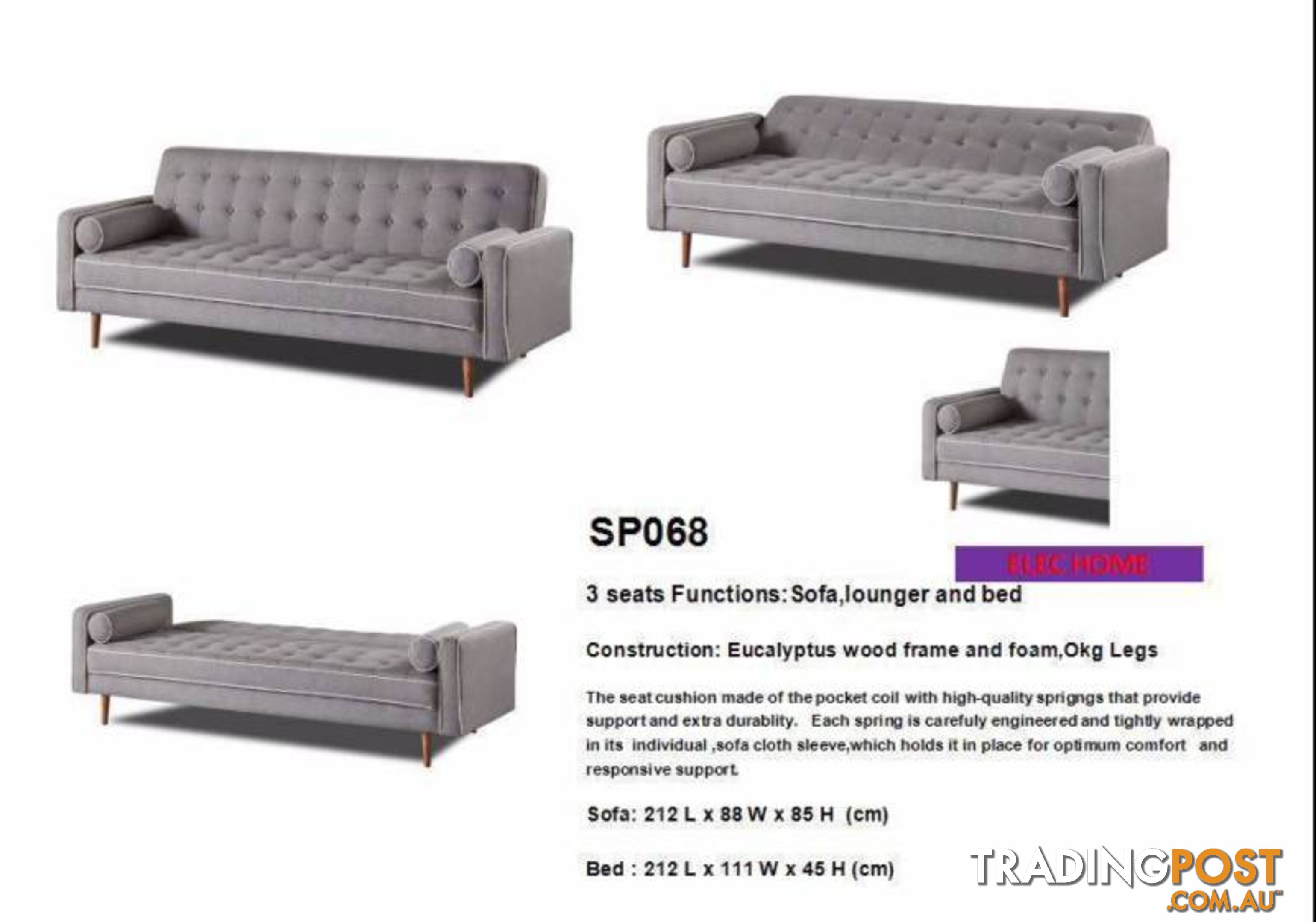 Brand New 3 Seater Grey Fabric Sofa Bed Couch Loung (SP068)