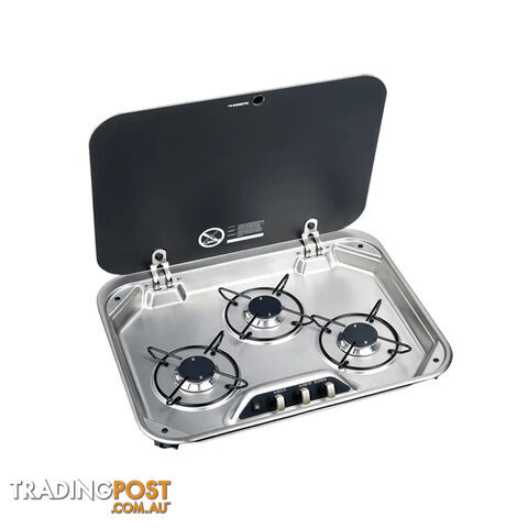 DOMETIC 3 BURNER COOKTOP FLUSH MT S/S C/W GLASS LID & 12V IGN (560 X 440MM)....