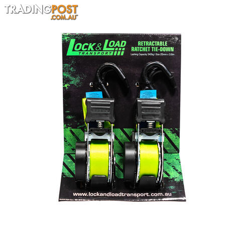 RETRACTABLE RATCHET STRAPS TWIN PACK 25MM X 3.6M LLRW06