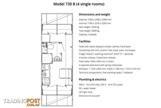 ACCOMMODATION TRAILER 730 MODEL B - SEPERATE BEDS (7.3 X 2.48 X 2.9 M)