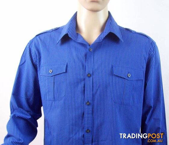 Mens Blue Pinstriped Long Sleeve Casual Formal Dress Shirt - XL