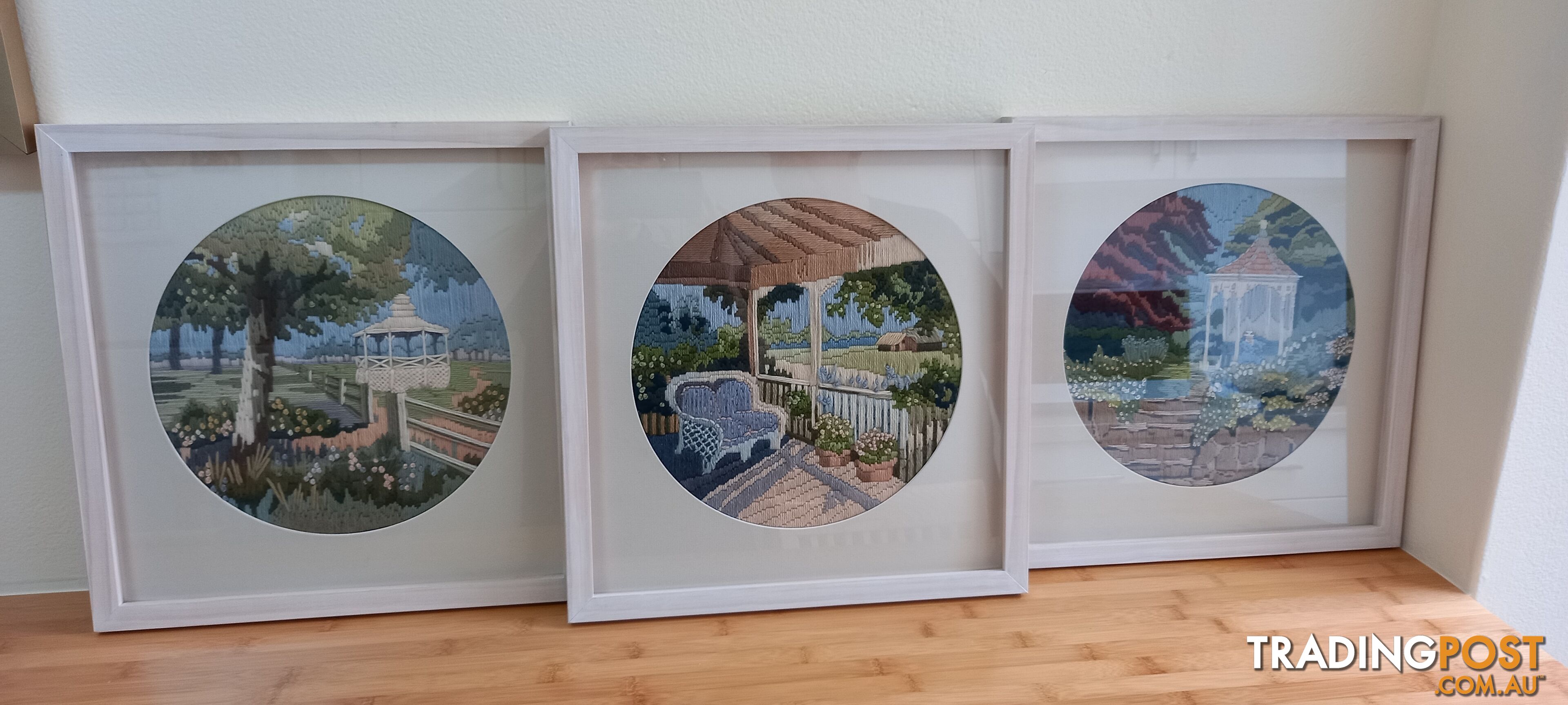 SET OF THREE ATTRACTIVE FRAMED LONG STITCH SCENES - COLLECT IN MAROUBRA