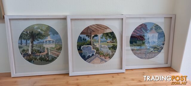 SET OF THREE ATTRACTIVE FRAMED LONG STITCH SCENES - COLLECT IN MAROUBRA