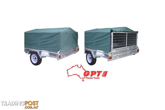 NEW GPT CAGED 8X5 900MM TRAILER COVER, GREEN/GREY WOVEN CANVAS