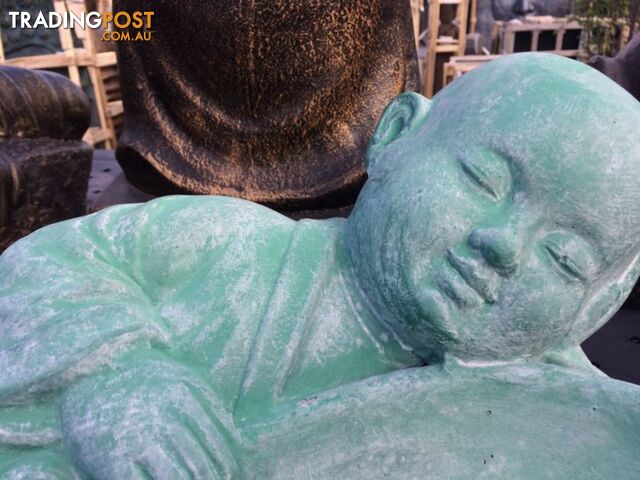 STATUE SLEEPING SHAOLIN w/ BOWL (GREEN WASHED)