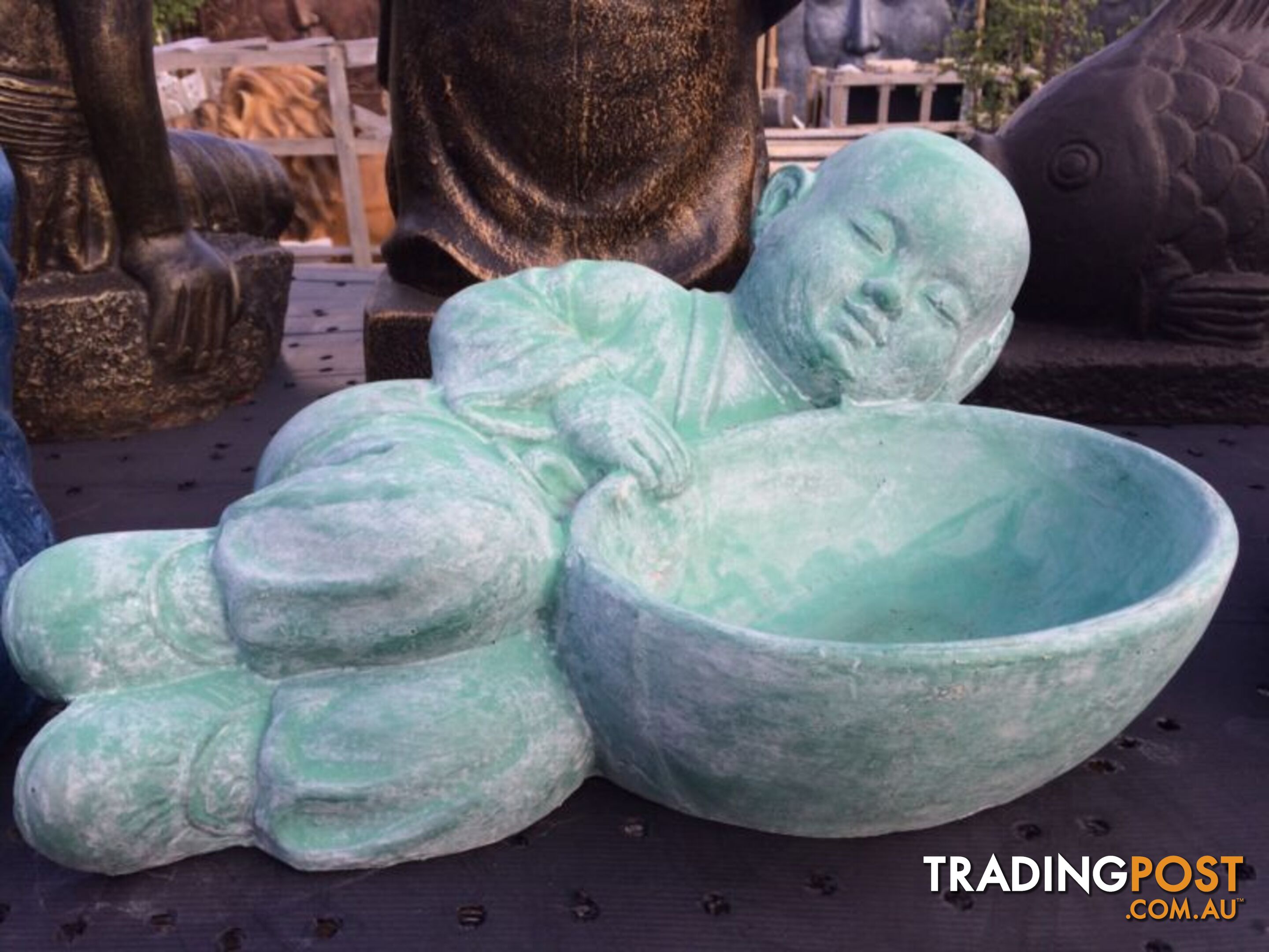 STATUE SLEEPING SHAOLIN w/ BOWL (GREEN WASHED)