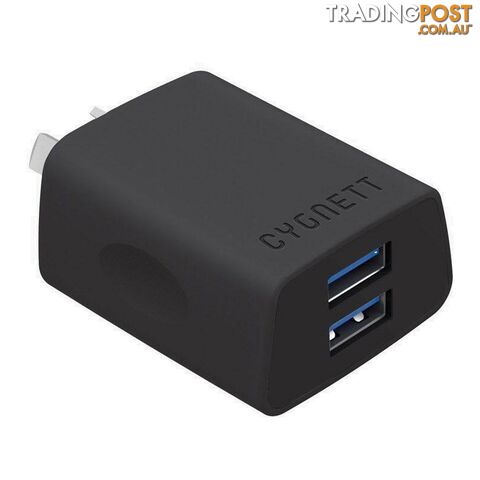 Cygnett Flow+ 2.4A Dual USB Wall Charger - Black - CY1947POFLW - Black - 848116013831