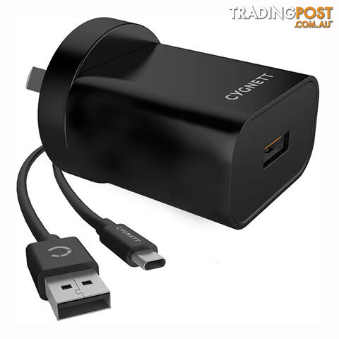 Cygnett POWERPLUS 18W Wall Charger (QC 3.0 USB) + USB-C to USB-A Cable - Black - CY3081POPLU - Black - 848116025179