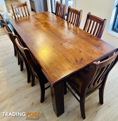 Large rectangular timber (distressed) dining table and 8 chairs PICKUP ONLY