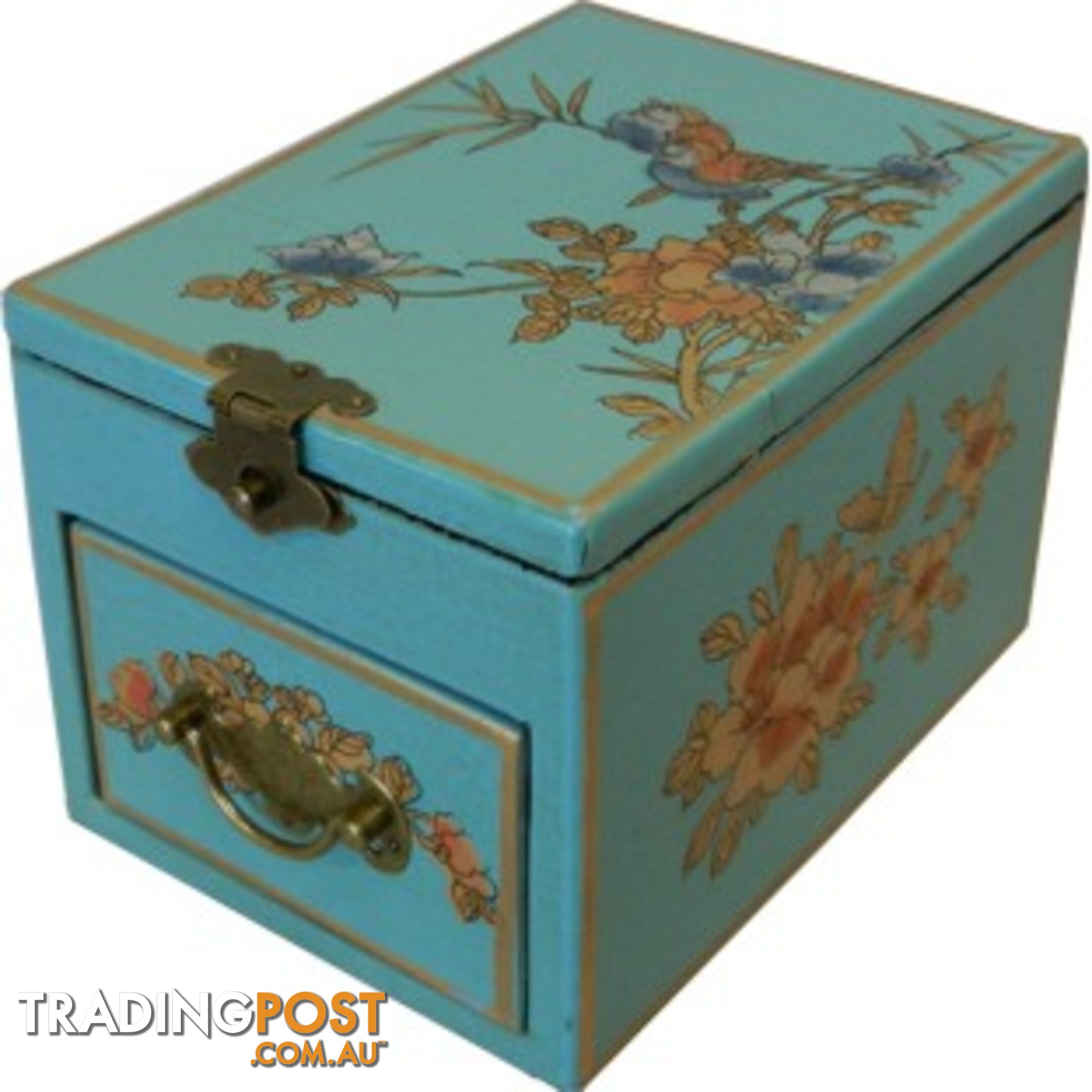 Blue Jewellery Box with Stand-Up Mirror - Bird 1 Drawer