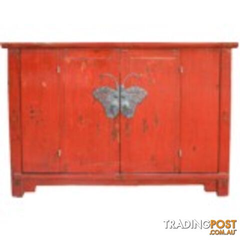 Red Lacquer Wide Bed End Cabinet