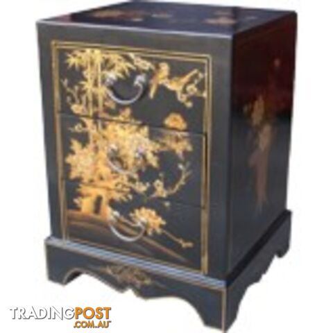 Black Painted Three Drawers Oriental Nightstand