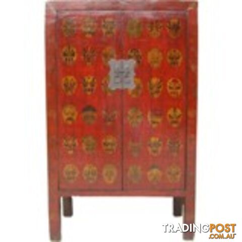 Red Chinese Cabinet with Manchurian Opera Masks Painting