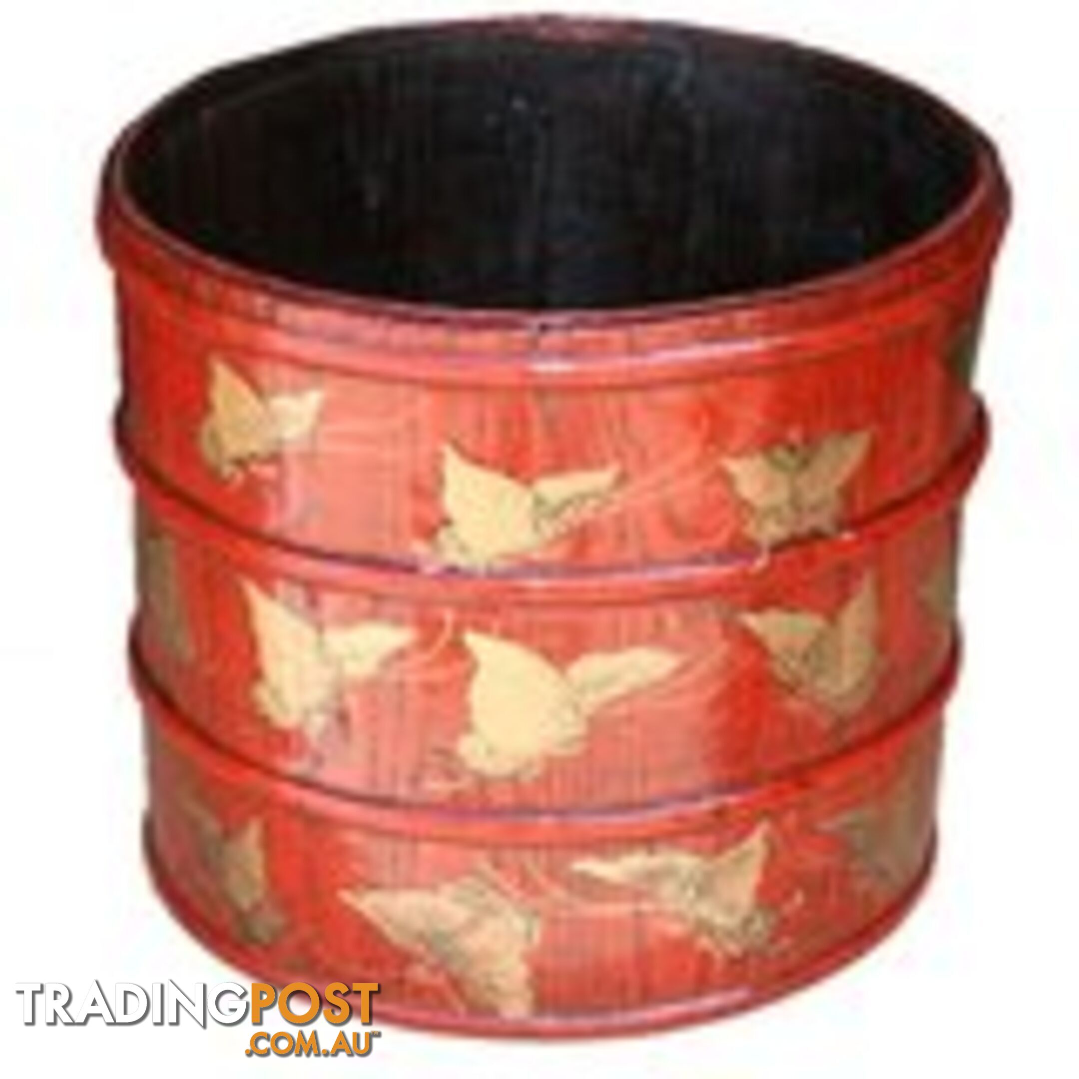 Red Chinese Wood Bucket with Gold Butterflies Painting