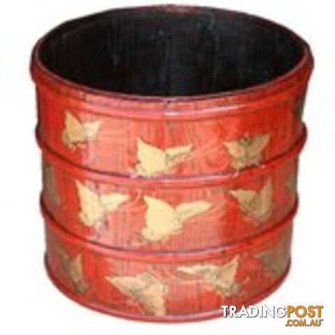 Red Chinese Wood Bucket with Gold Butterflies Painting