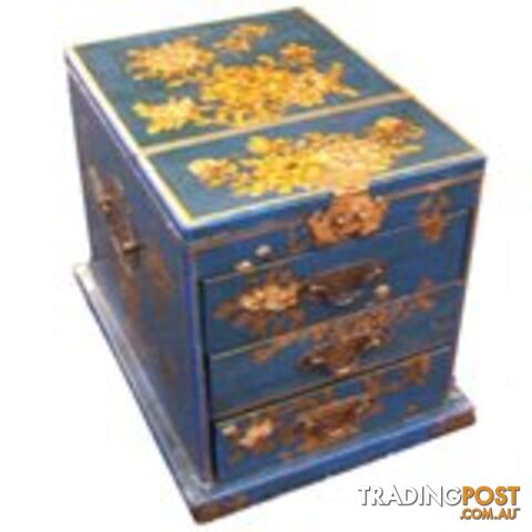 Large Blue Chinese Jewellery Box with Stand-Up Mirror -Flower