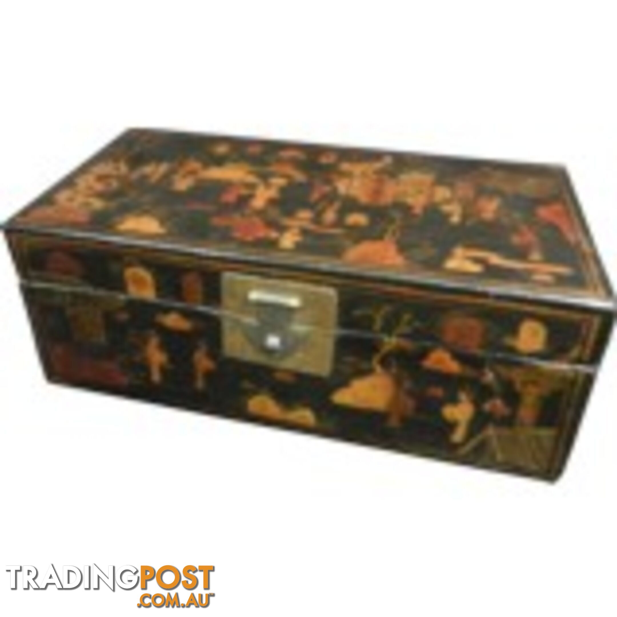 Black Leather Chinese Scholar's Box with Gilt Painting