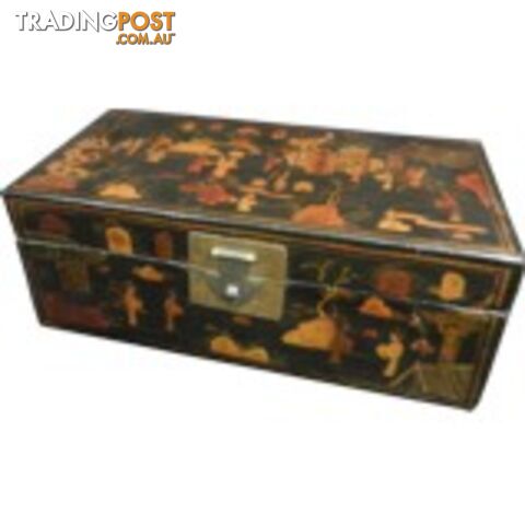 Black Leather Chinese Scholar's Box with Gilt Painting