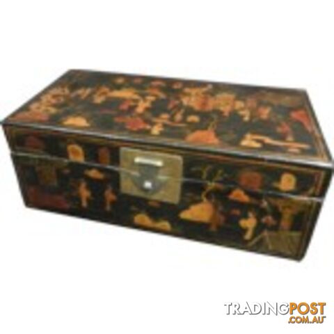 Black Leather Chinese Scholar's Box with Gilt Painting