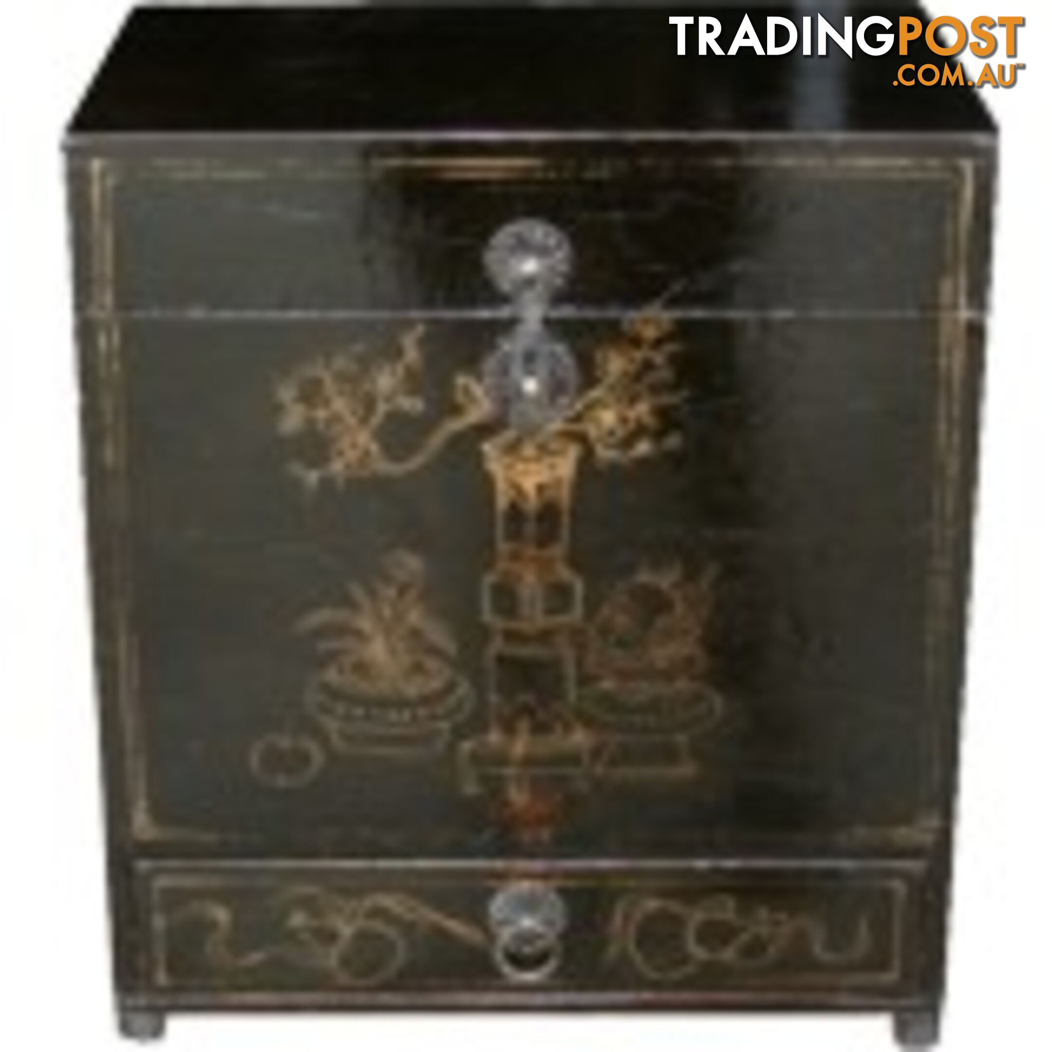 Antique Gold Painted Black Chinese Chest with Drawer