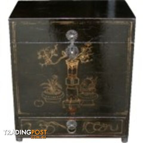 Antique Gold Painted Black Chinese Chest with Drawer