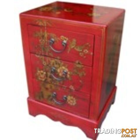 Red Painted Three Drawers Oriental Nightstand