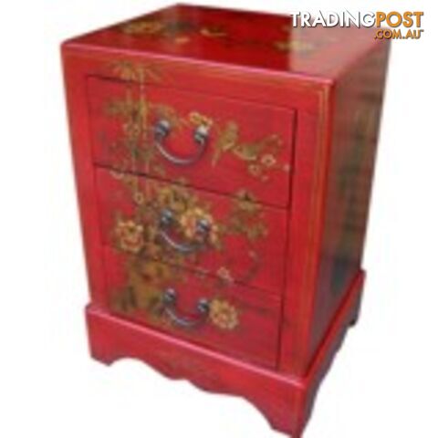 Red Painted Three Drawers Oriental Nightstand