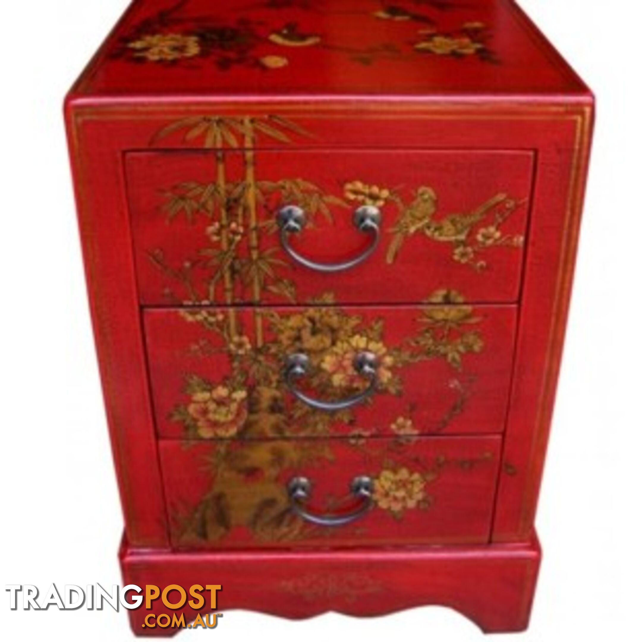 Red Painted Three Drawers Oriental Nightstand