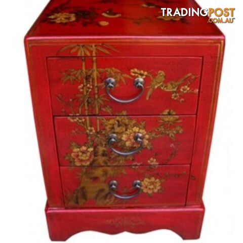 Red Painted Three Drawers Oriental Nightstand