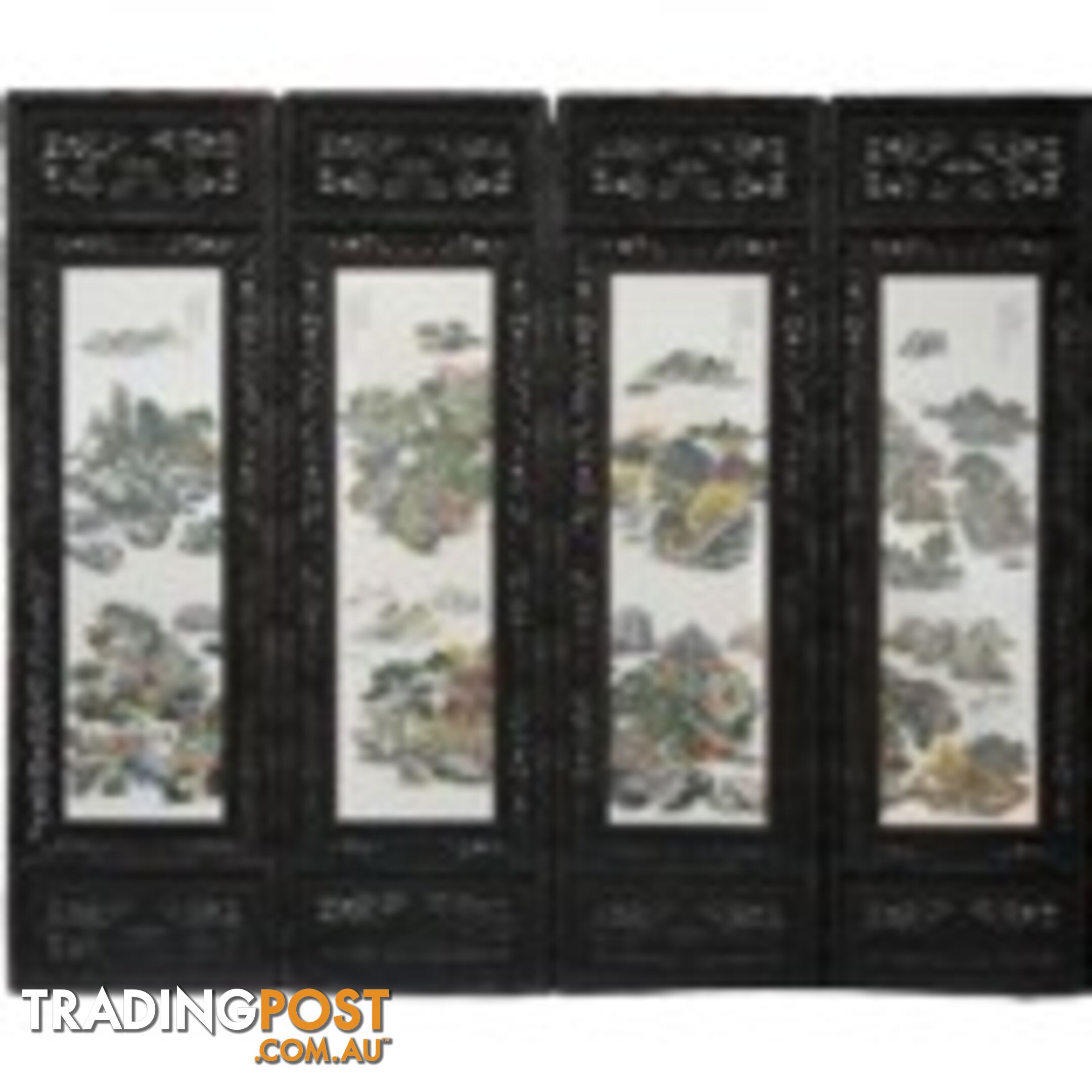 Chinese Wall Hanging Decoration-Carved Wood Panel w/Mountain Scene Porcelain Insert