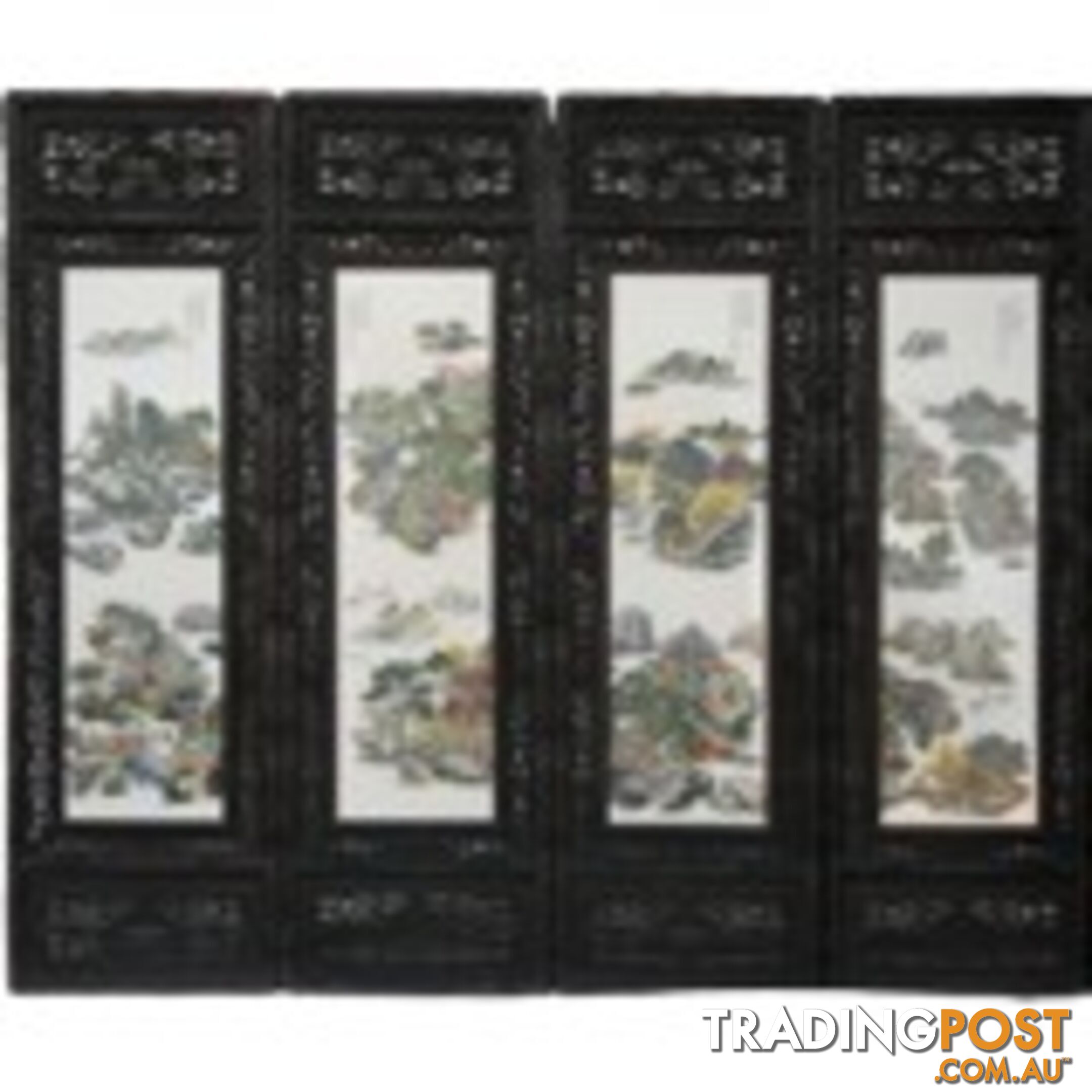 Chinese Wall Hanging Decoration-Carved Wood Panel w/Mountain Scene Porcelain Insert