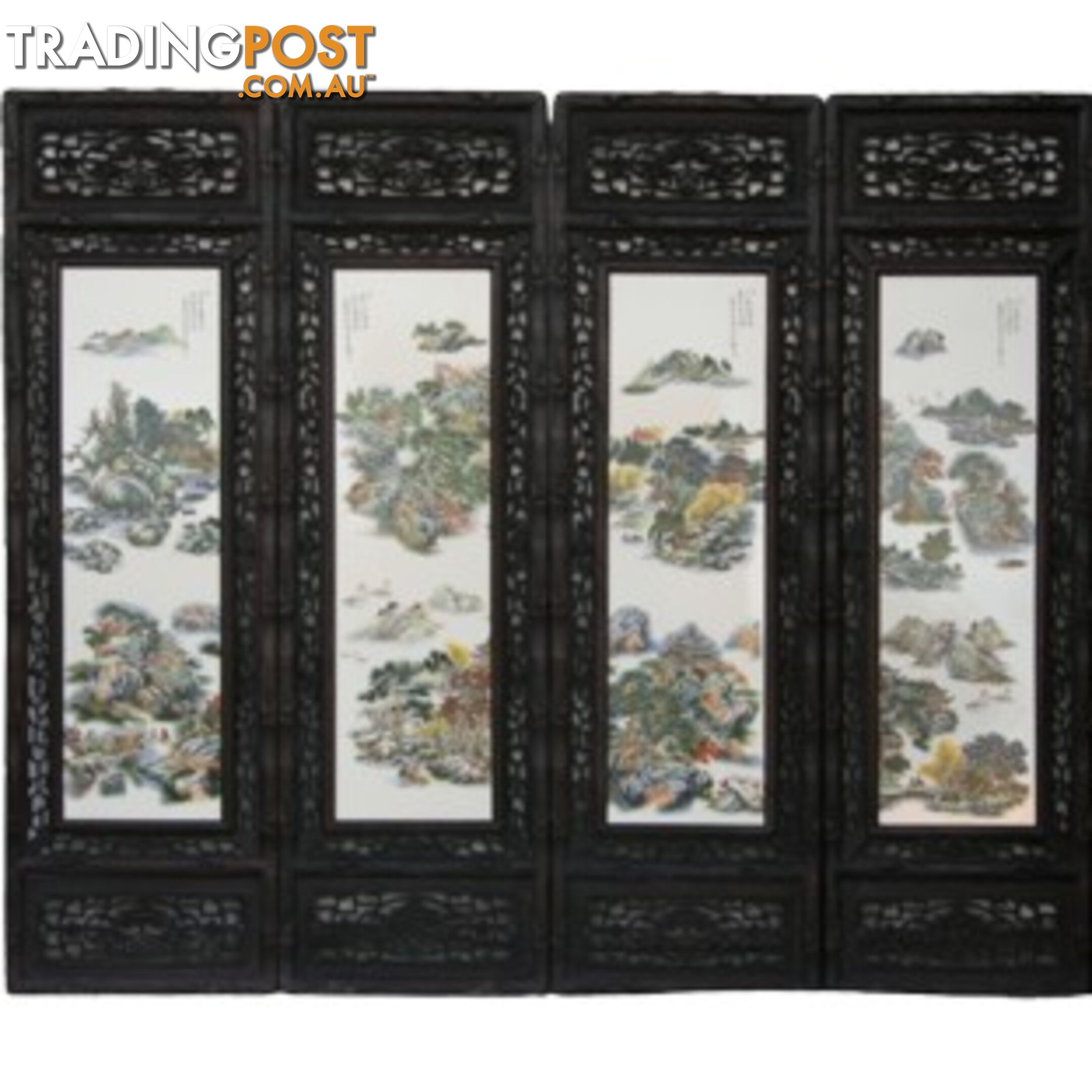 Chinese Wall Hanging Decoration-Carved Wood Panel w/Mountain Scene Porcelain Insert