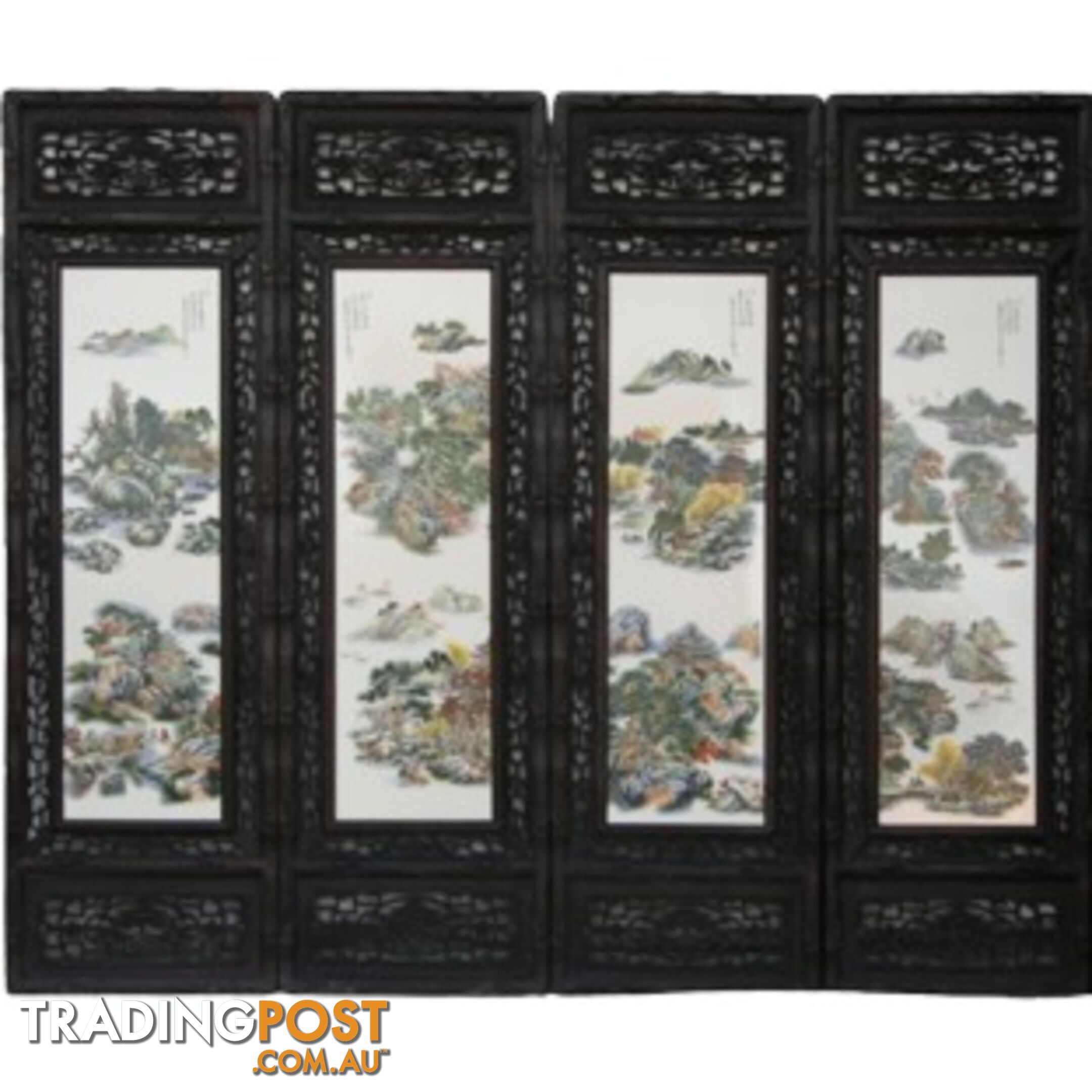 Chinese Wall Hanging Decoration-Carved Wood Panel w/Mountain Scene Porcelain Insert