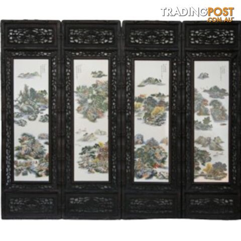 Chinese Wall Hanging Decoration-Carved Wood Panel w/Mountain Scene Porcelain Insert