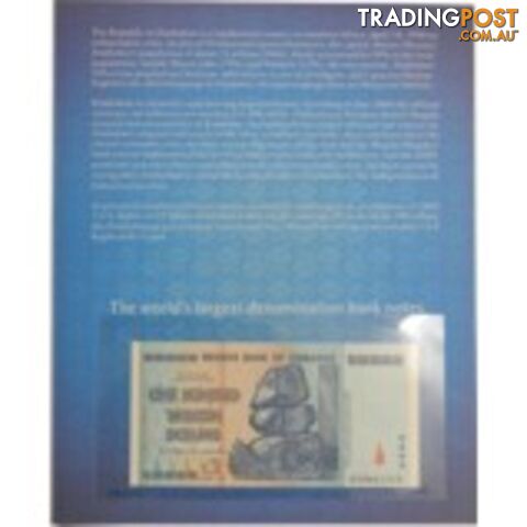 Zimbabwe 100 Trillion Banknote 2008 UNC with History Cover